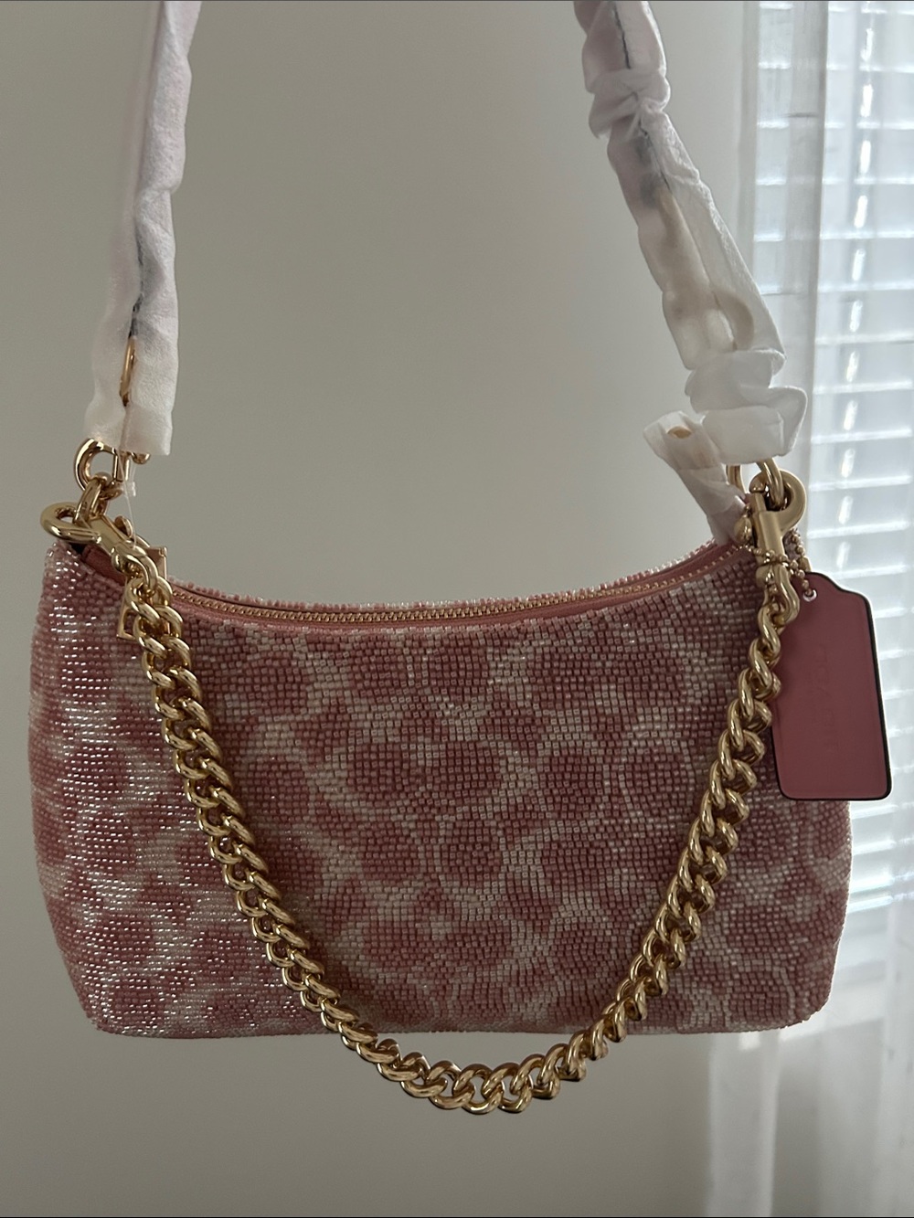 coach pink Teri Shoulder Bag In Signature Beaded Satin
